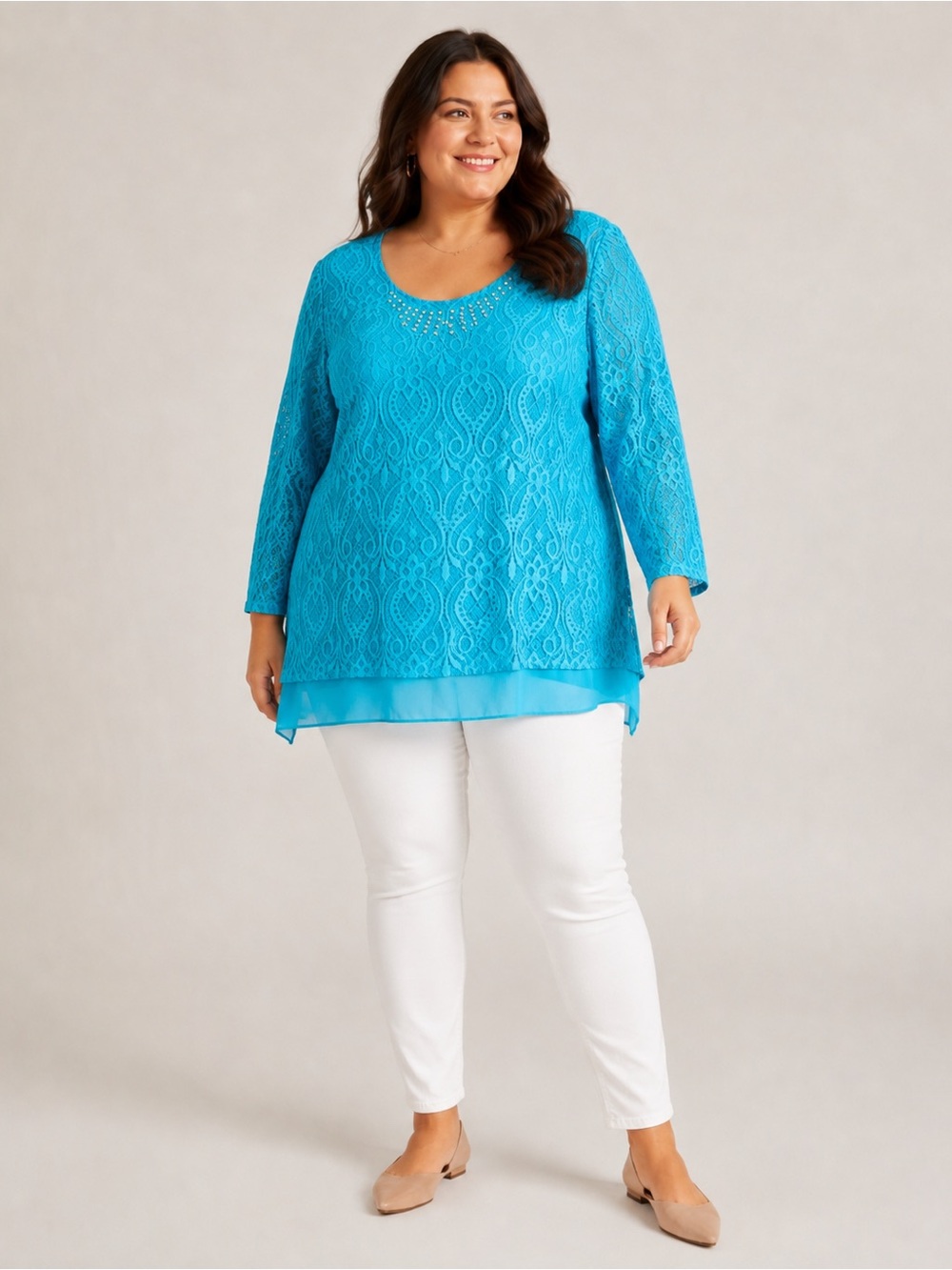 JM Collection Turquoise Lace Scoop Neck Tunic